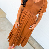 Smocked Washed Satin Tiered Maxi Dress - Sepia