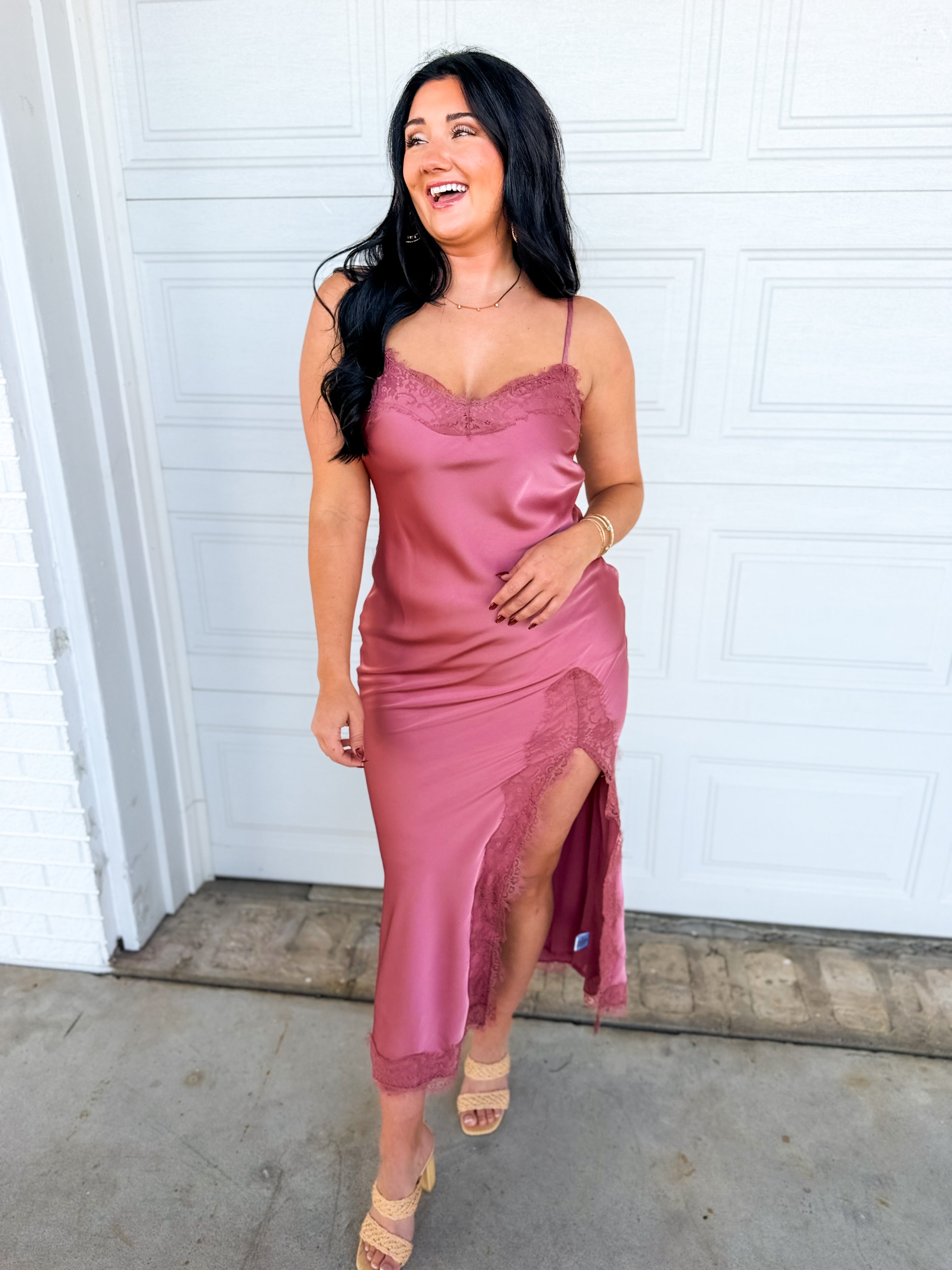 Lace Detail Side Slit Maxi Dress - Antique Rose - Lace and Grace Boutique