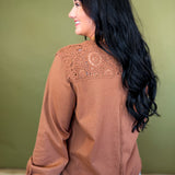 Crochet Lace Button Detail Henley Top - Leathered Bark