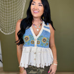 Oli & Hali Sunflower Embroidery Washed Denim Vest - Lace and Grace Boutique