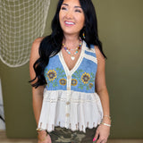 Oli & Hali Sunflower Embroidery Washed Denim Vest - Lace and Grace Boutique