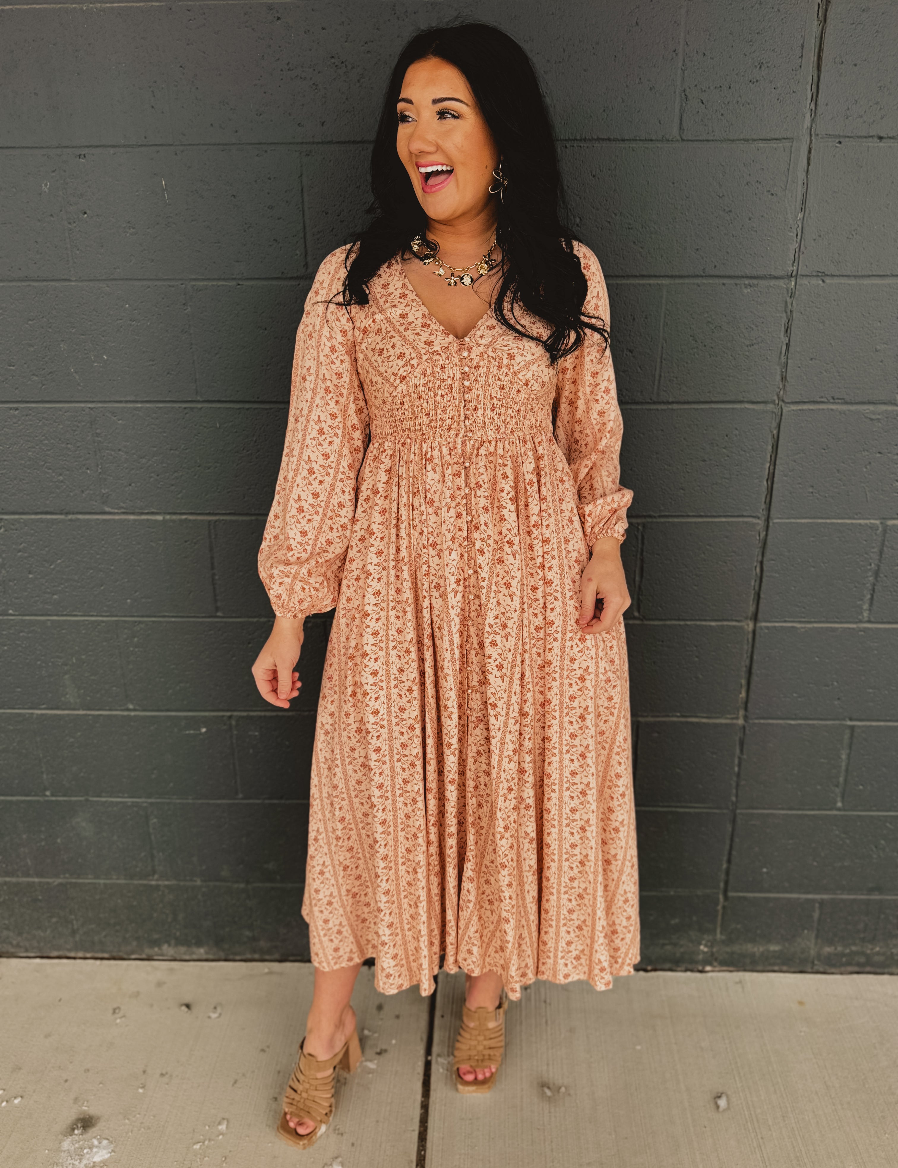 Smocked Button Down Long Sleeve Maxi Dress - Clay - Lace and Grace Boutique