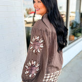Embroidered Quilt Star Patch Crinkled Blouse - Chocolate