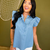 Polka Dot Ruffle Sleeve Button Detail Blouse - Light Denim - Lace and Grace Boutique