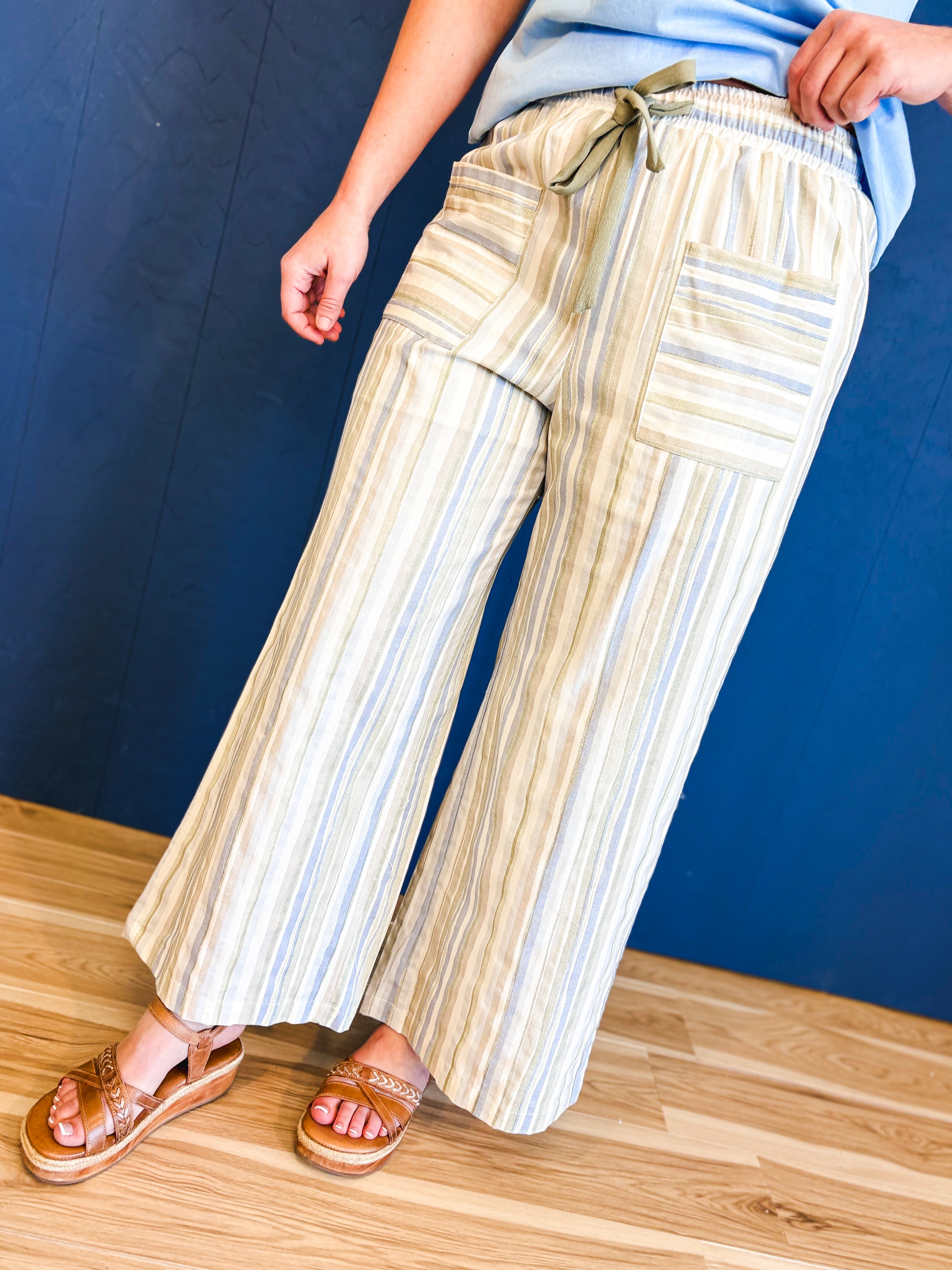 Multi Stripe Patch Pocket Wide Leg Pants - Dried Sage Multi - Lace and Grace Boutique