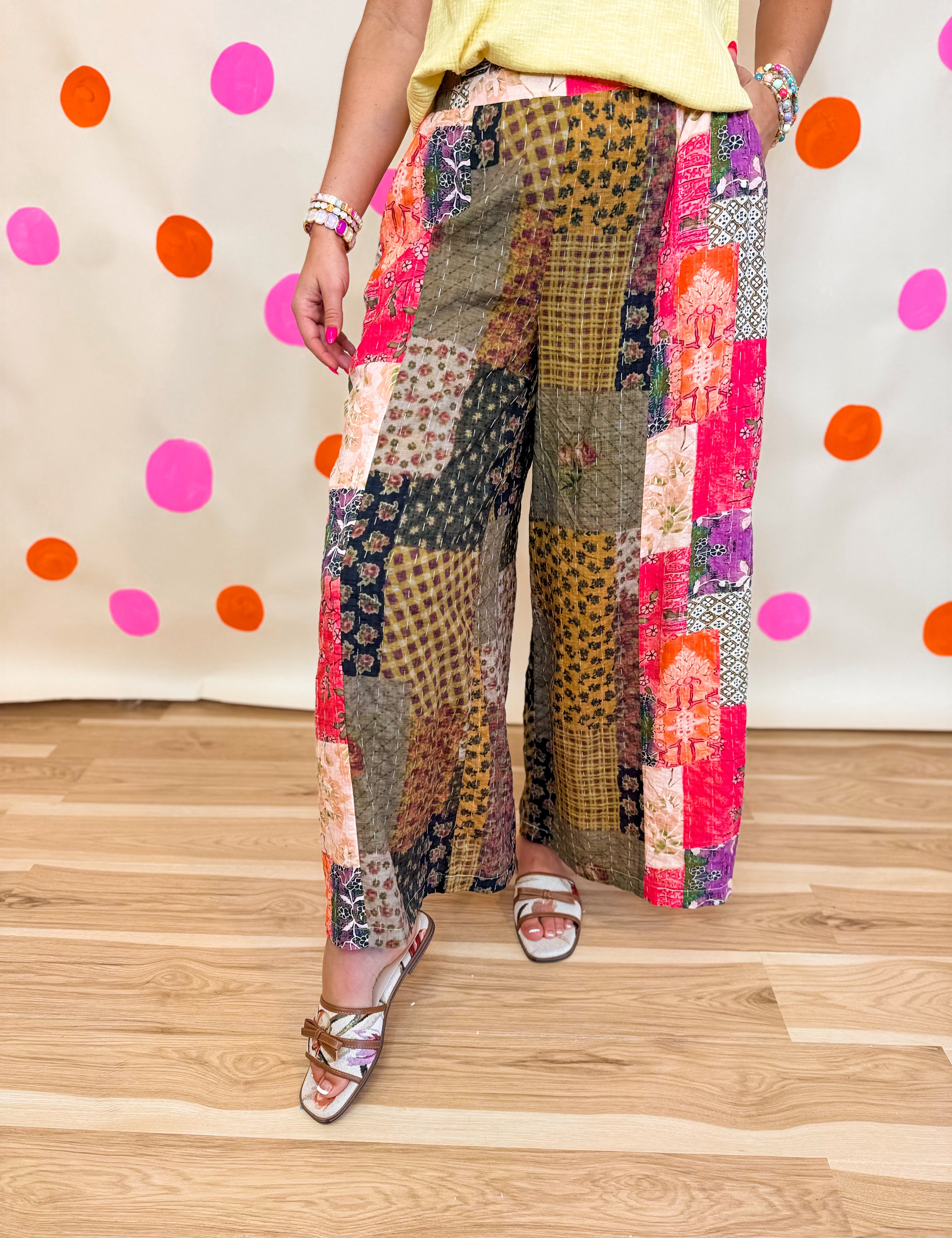 POL Multi Print Stitched Woven Pants - Taupe Pink Multi - Lace and Grace Boutique