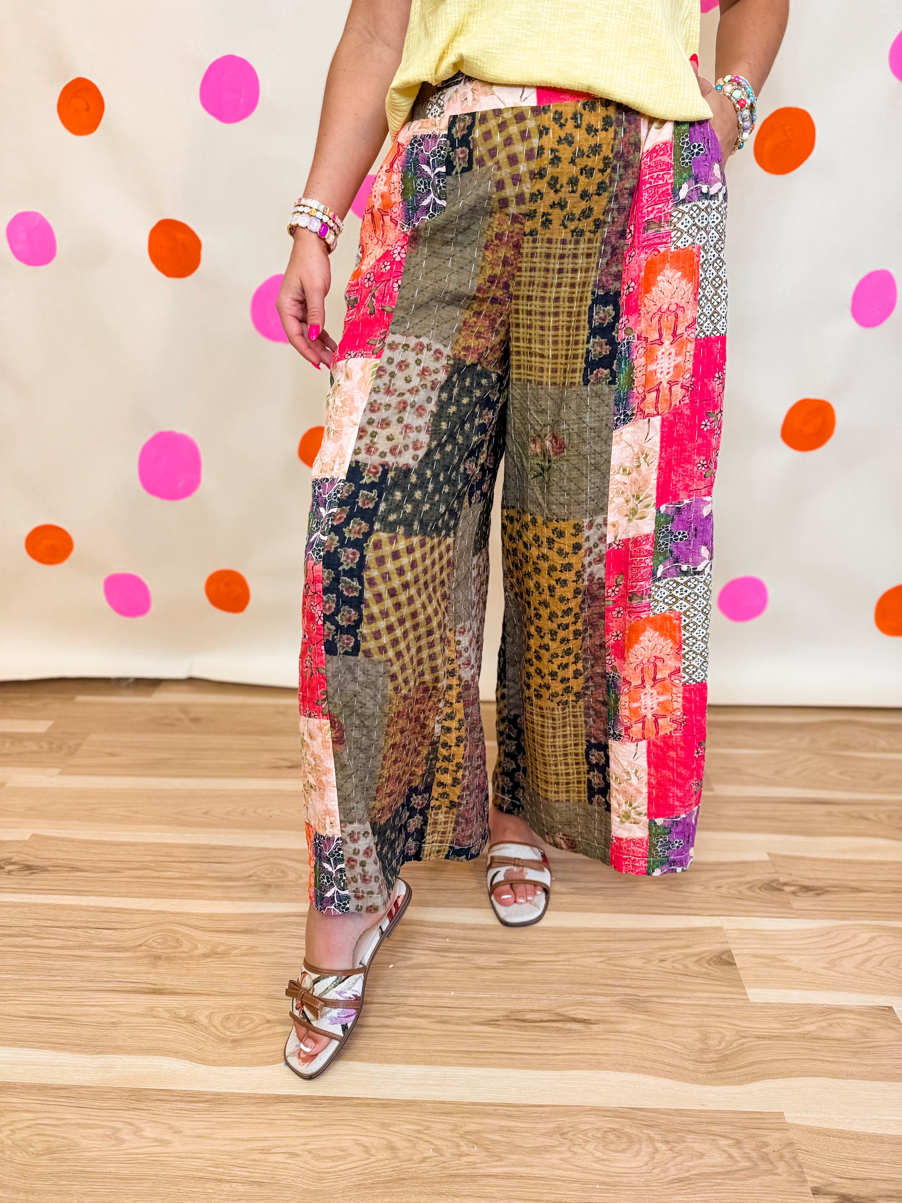 POL Multi Print Stitched Woven Pants - Taupe Pink Multi - Lace and Grace Boutique