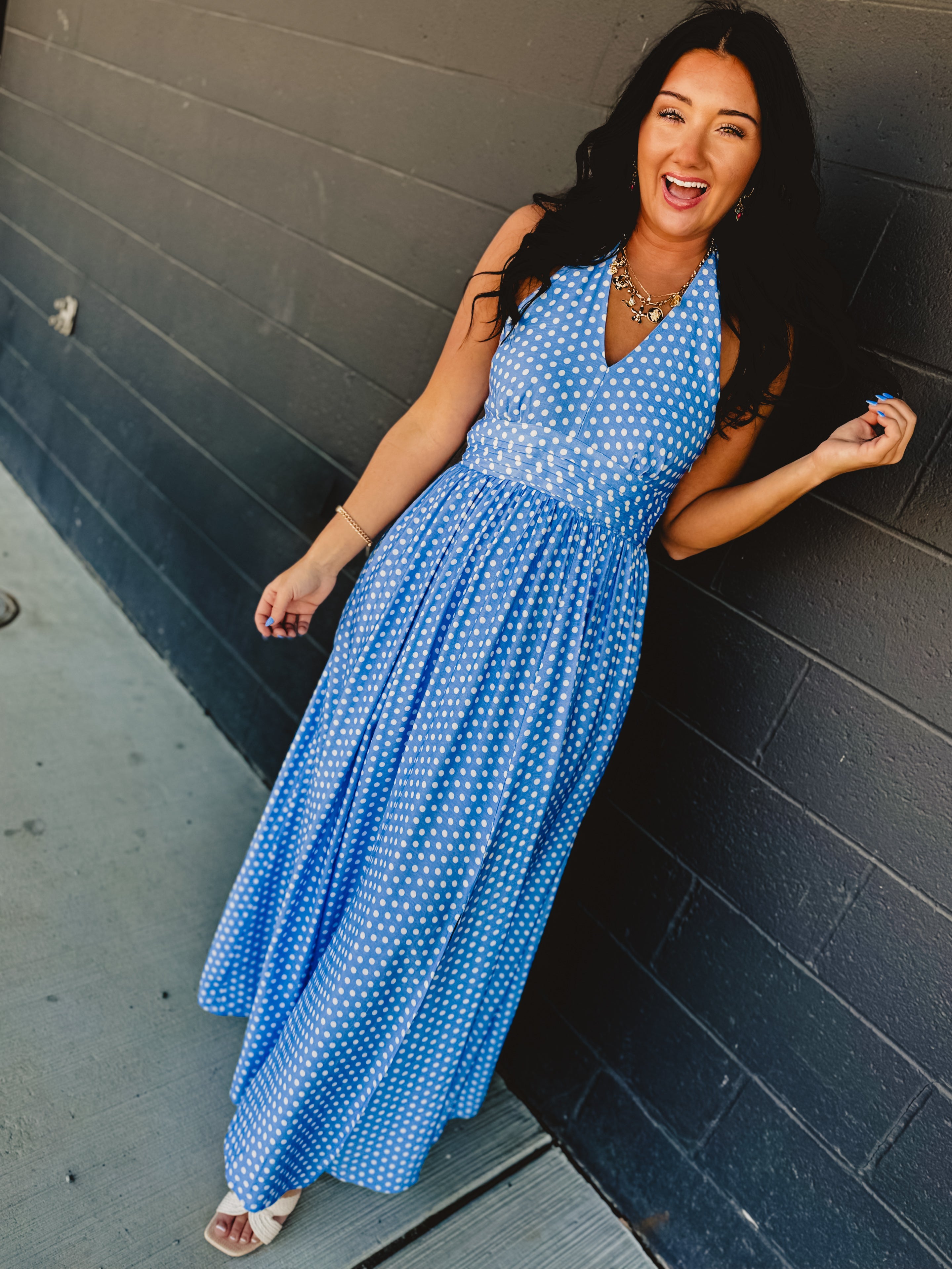 Polka Dot Halter Maxi Dress - Airy Blue - Lace and Grace Boutique