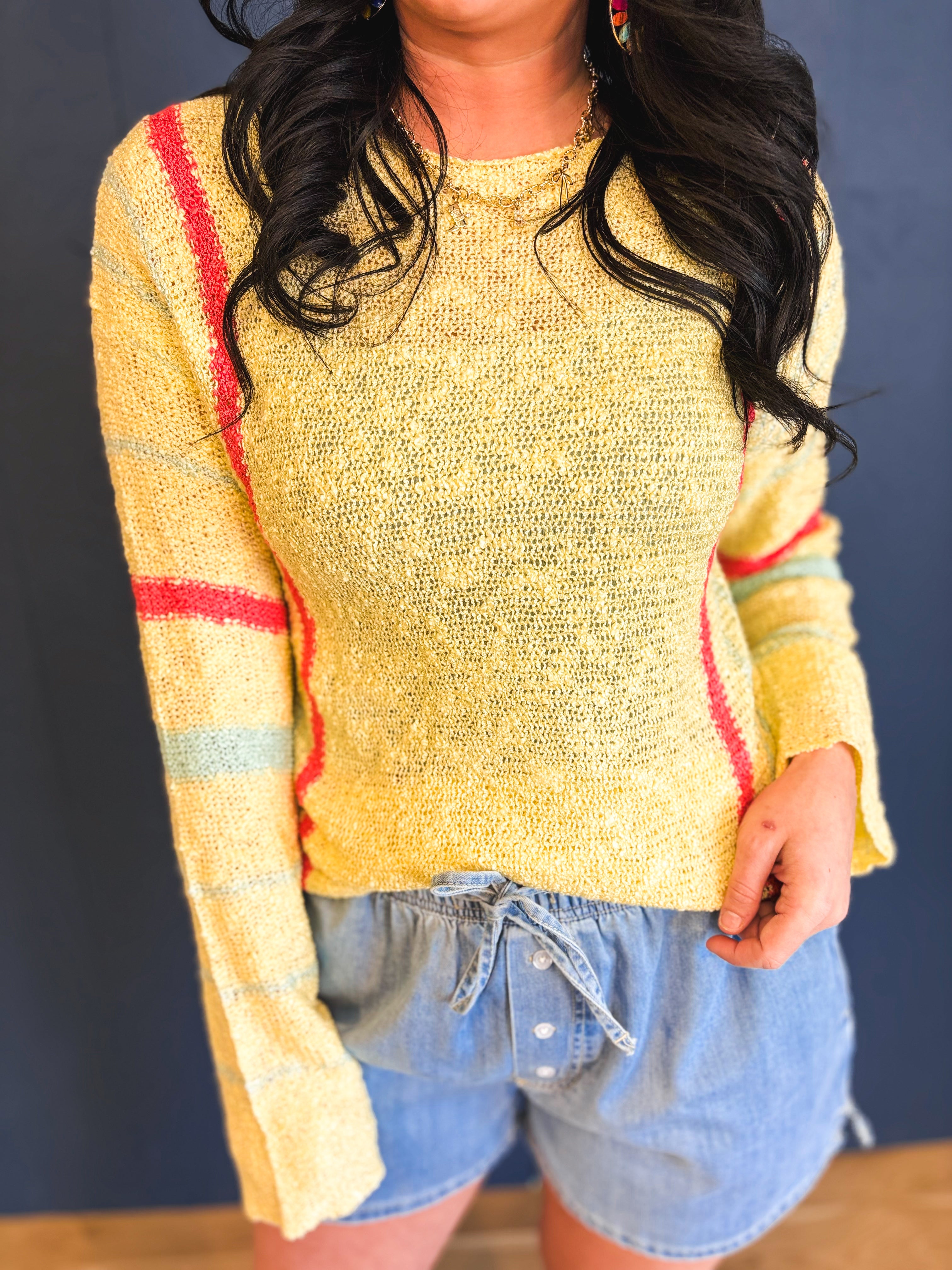 Multicolor Striped Lightweight Sweater - Butter/Papaya - Lace and Grace Boutique