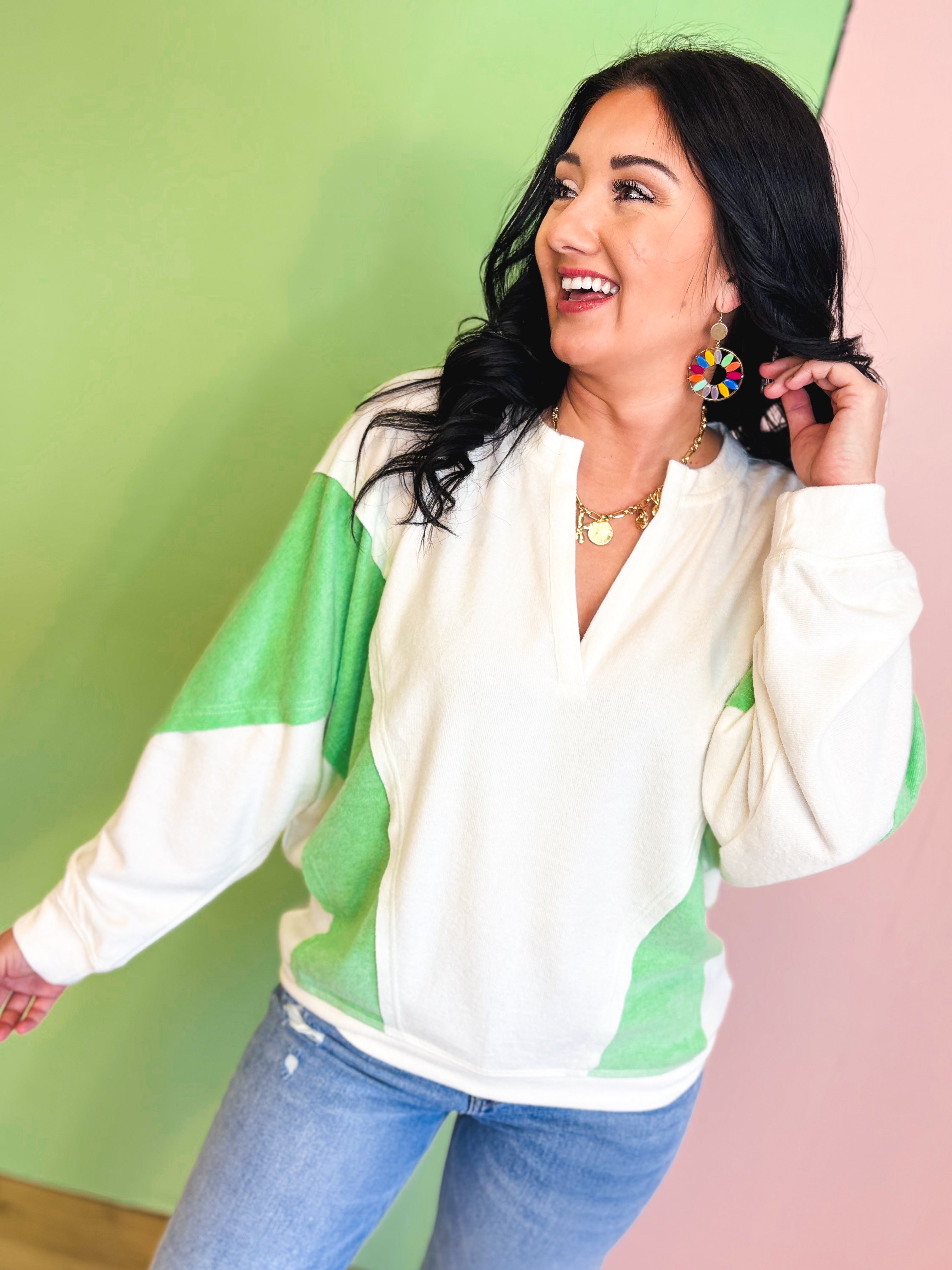 Oversized Colorblock Knit Top - Honeydew - Lace and Grace Boutique
