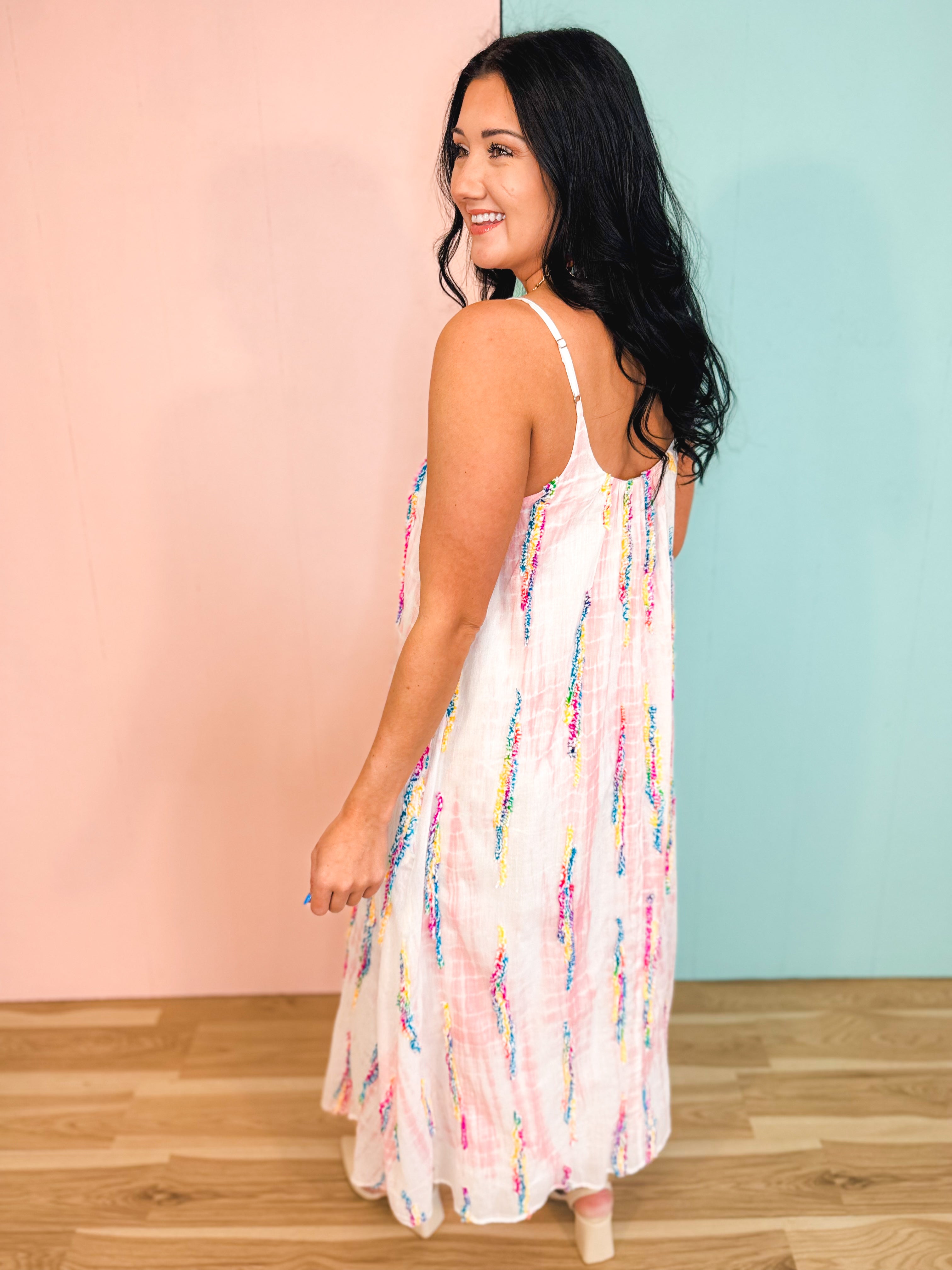 Multicolor Tie-Dye Embroidered Cami Maxi Dress - Lace and Grace Boutique