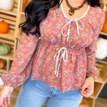 Floral Front Tie Tiered Blouse - Rust Multi - Lace and Grace Boutique