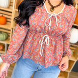 Floral Front Tie Tiered Blouse - Rust Multi - Lace and Grace Boutique