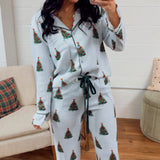 Striped Christmas Tree Pajama Set - Light Blue/Green