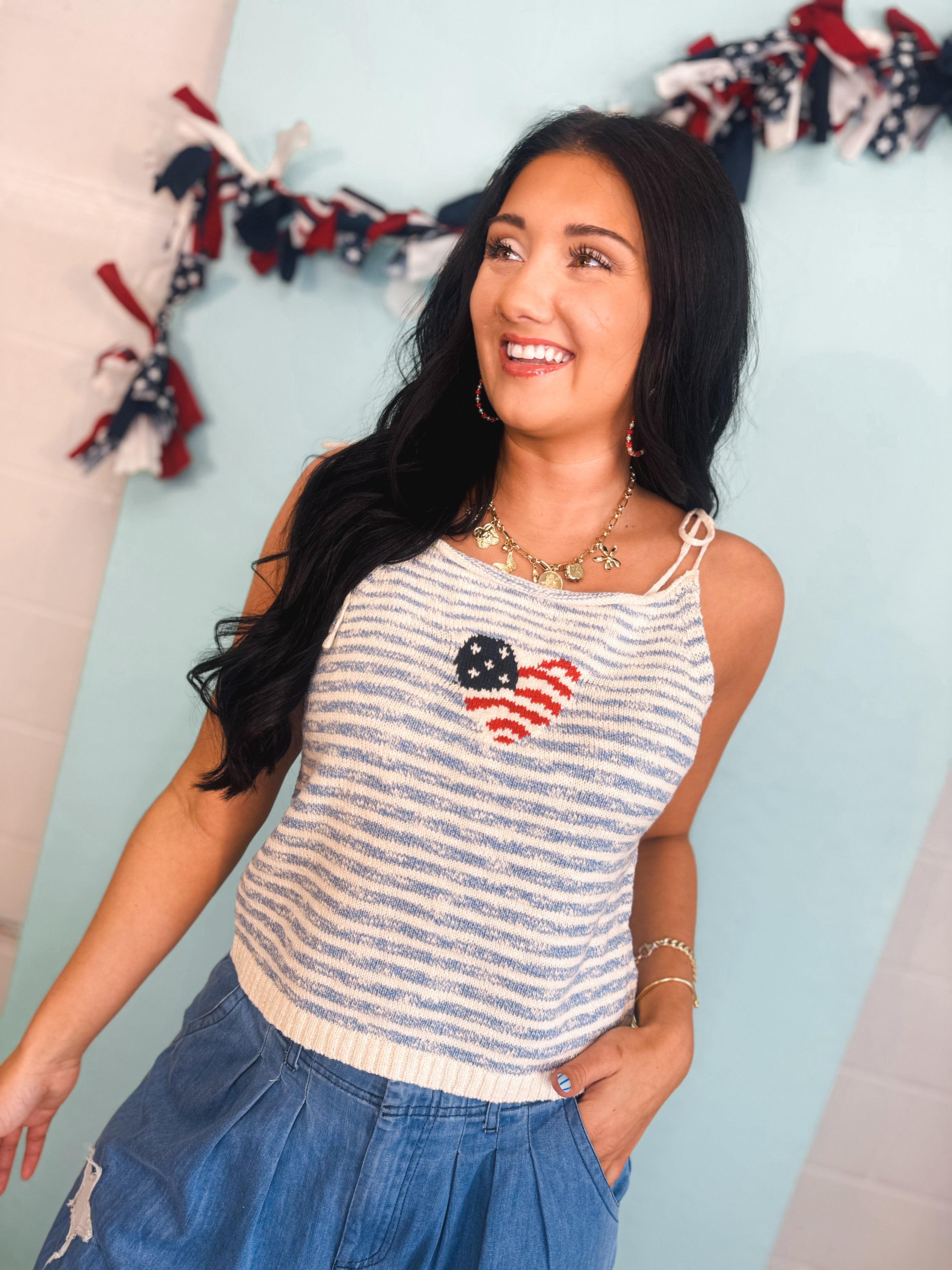 Flag Heart Sweater Tank Top - Sky - Lace and Grace Boutique