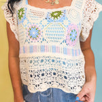 Multicolor Crochet Square Neck Crop Top - Natural - Lace and Grace Boutique
