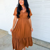 Smocked Washed Satin Tiered Maxi Dress - Sepia