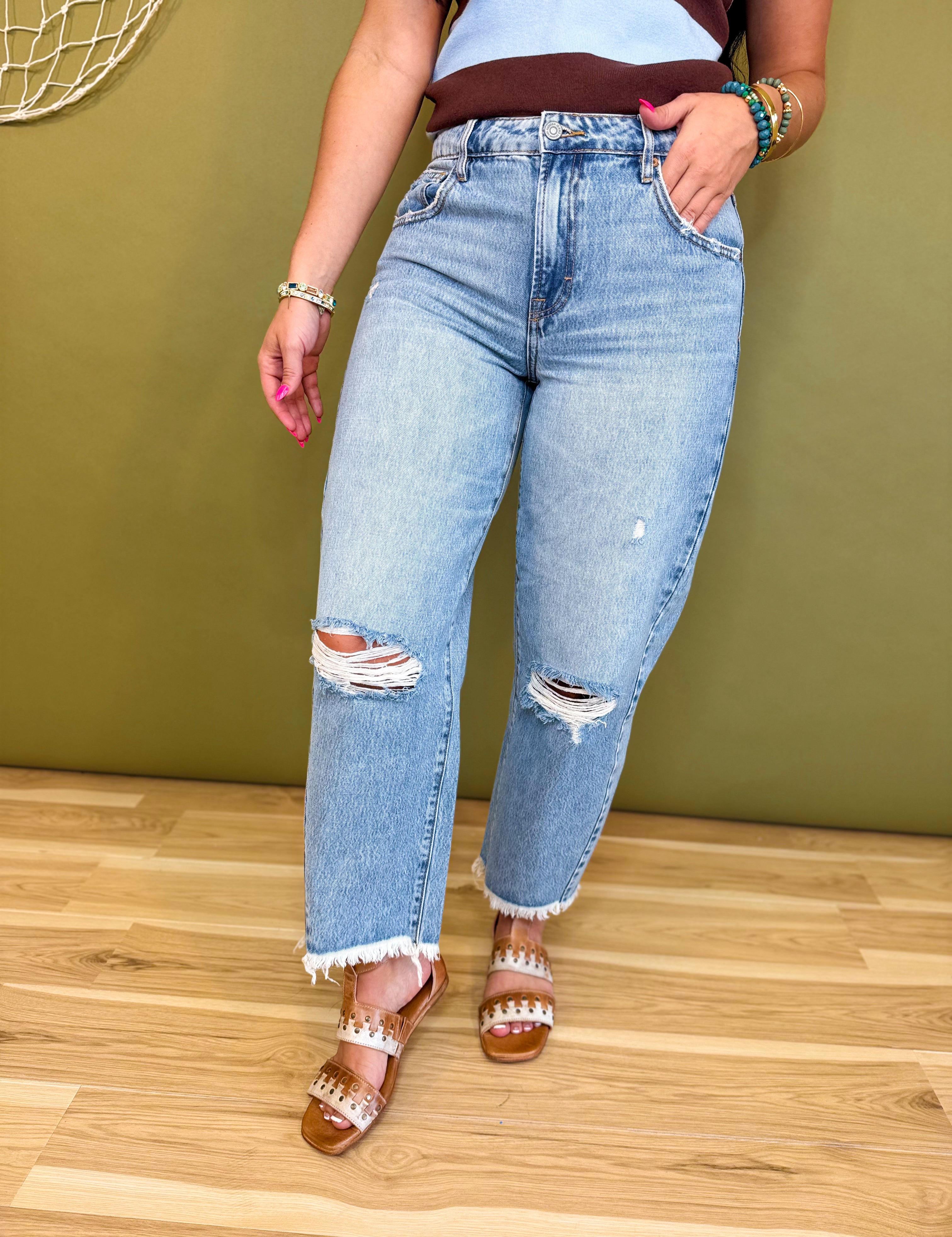 Hidden Distressed Cropped Barrel Jean - Light Wash - Lace and Grace Boutique