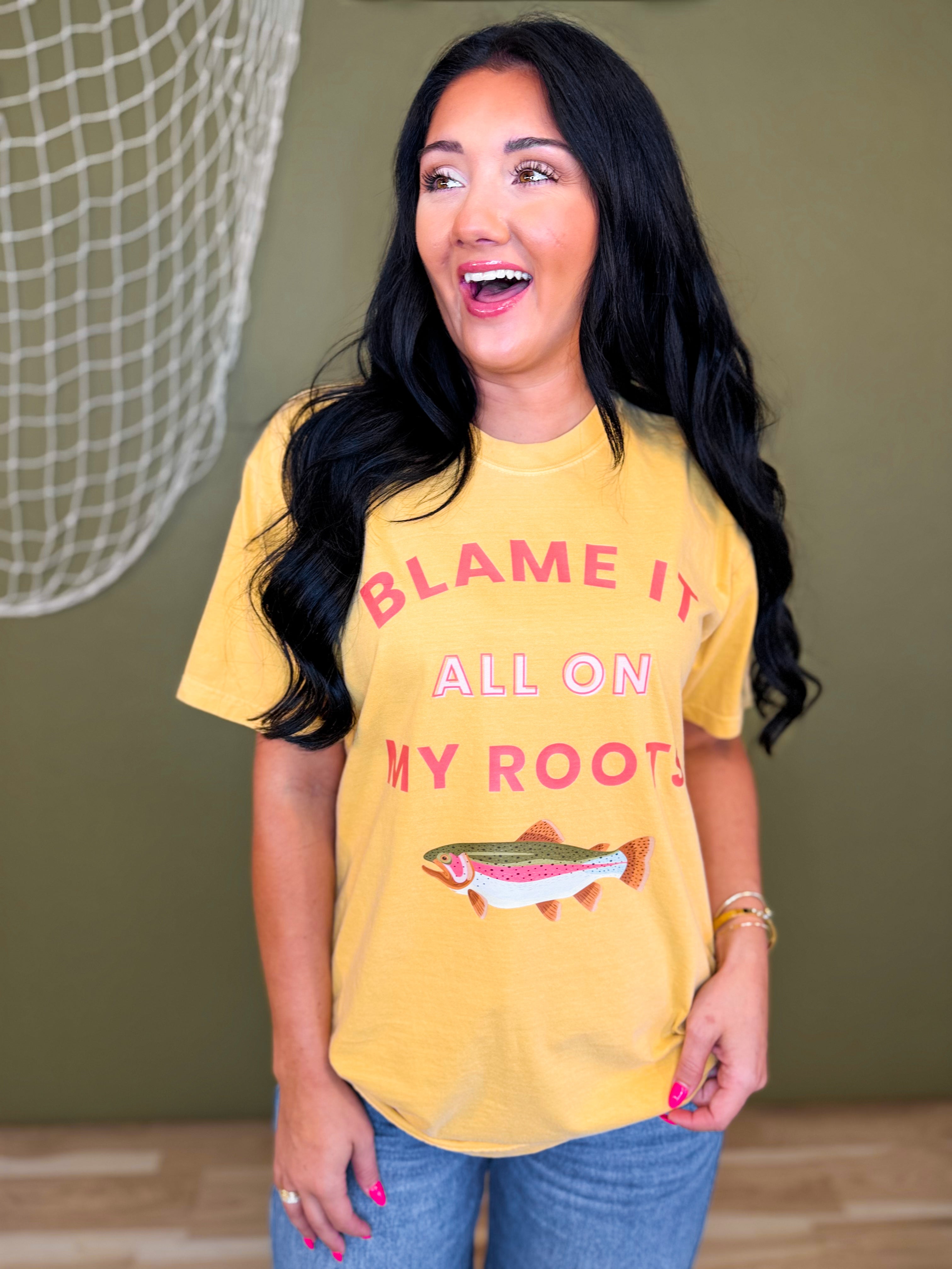 Blame It All On My Roots Trout Graphic Tee - Mustard - Lace and Grace Boutique