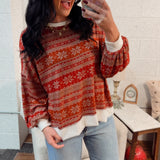 Snowflake Nordic Print Long Sleeve Top - Red/White
