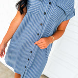 Striped Chambray Button Down Mini Dress - Denim Blue