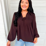 Pintuck Detail Front Tie Woven Blouse - Dark Brown