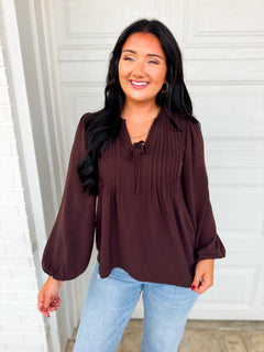 Pintuck Detail Front Tie Woven Blouse - Dark Brown - Lace and Grace Boutique