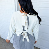 Sweater Back Tie Striped Twofer Mini Dress - Cream/Olive