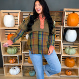 Mixed Media Plaid Button Detail Top - Olive - Lace and Grace Boutique
