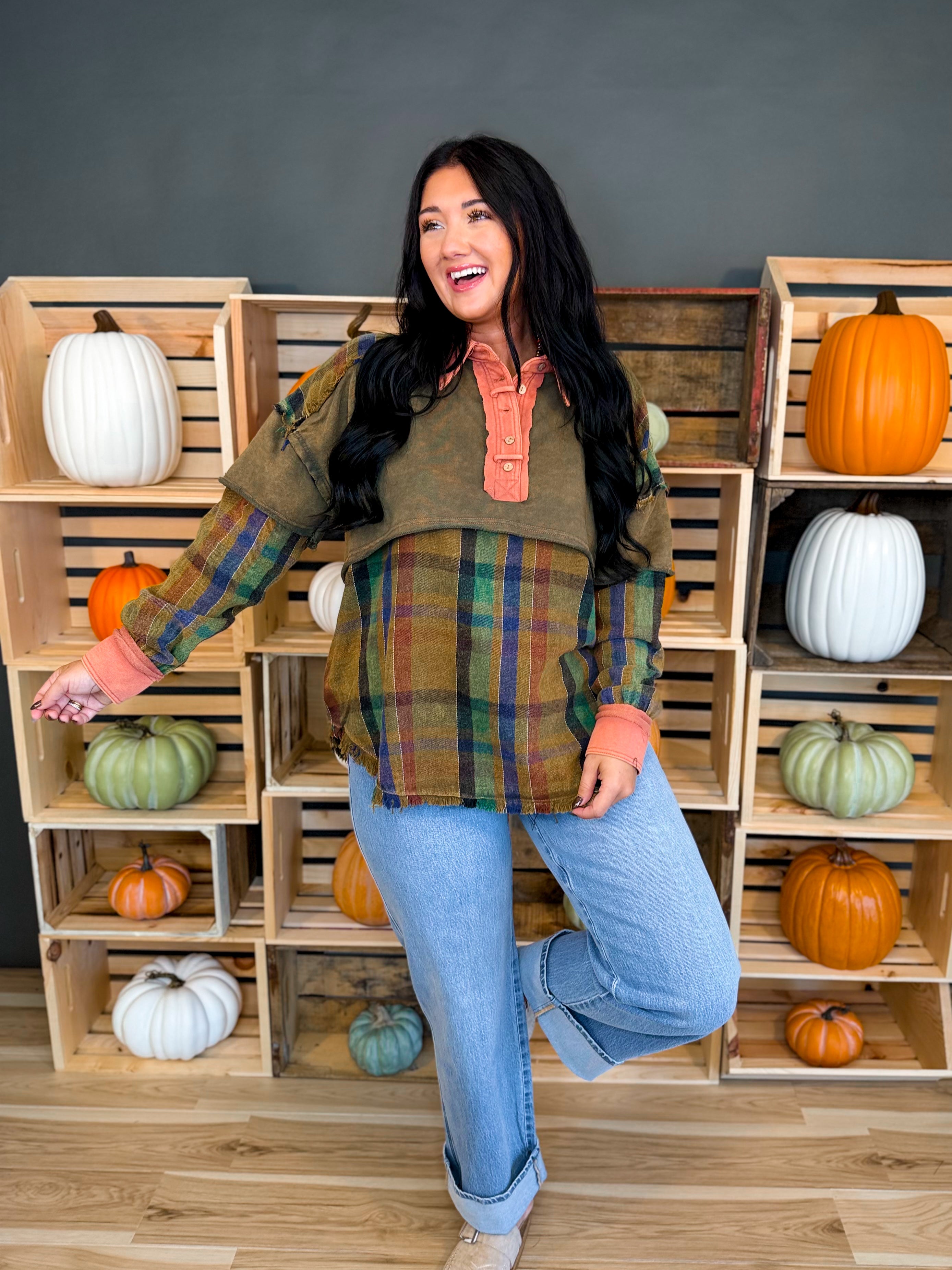 Mixed Media Plaid Button Detail Top - Olive - Lace and Grace Boutique