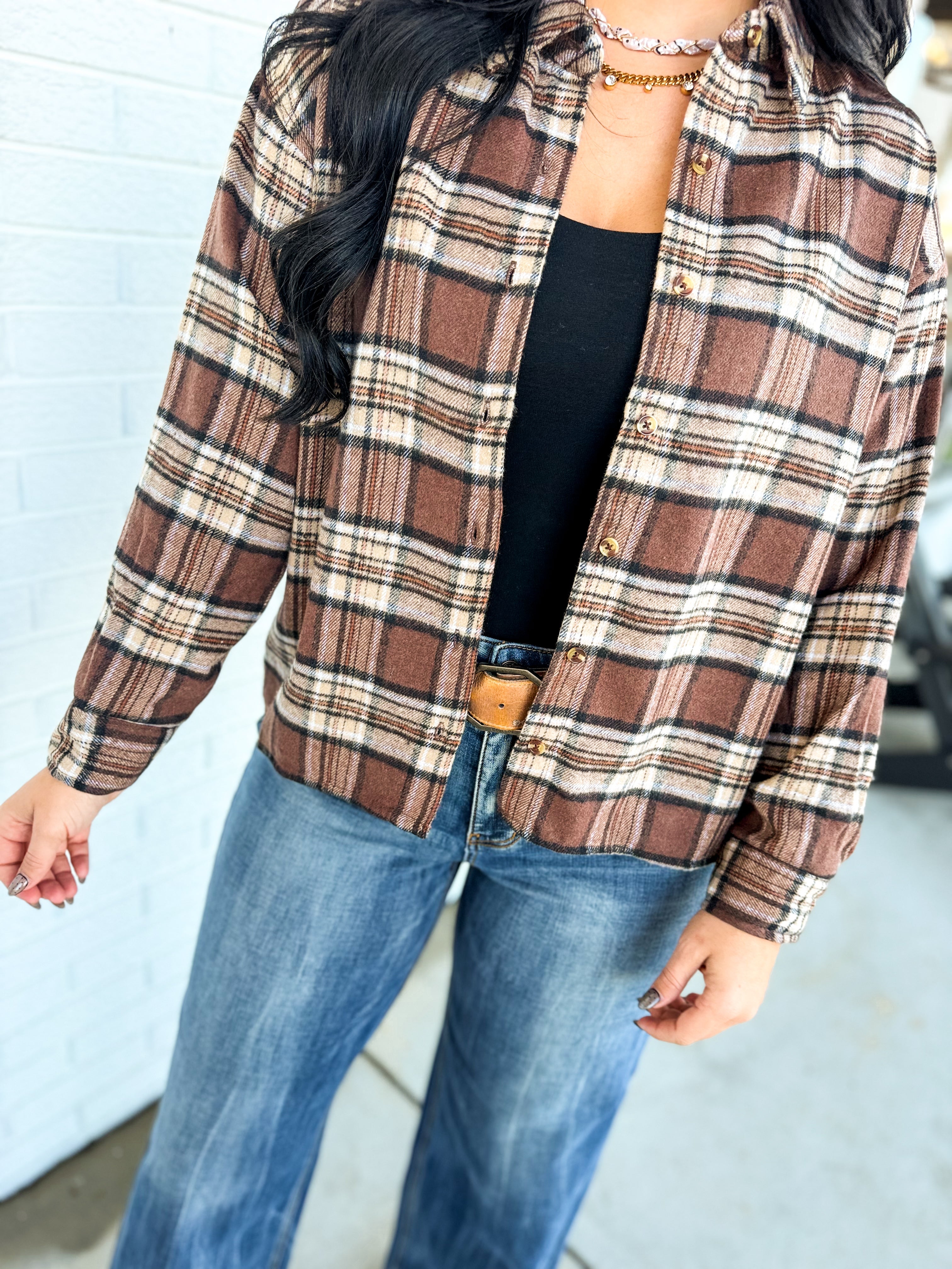 Plaid Printed Soft Button Up Cropped Woven Shirt - Aubrey - Lace and Grace Boutique