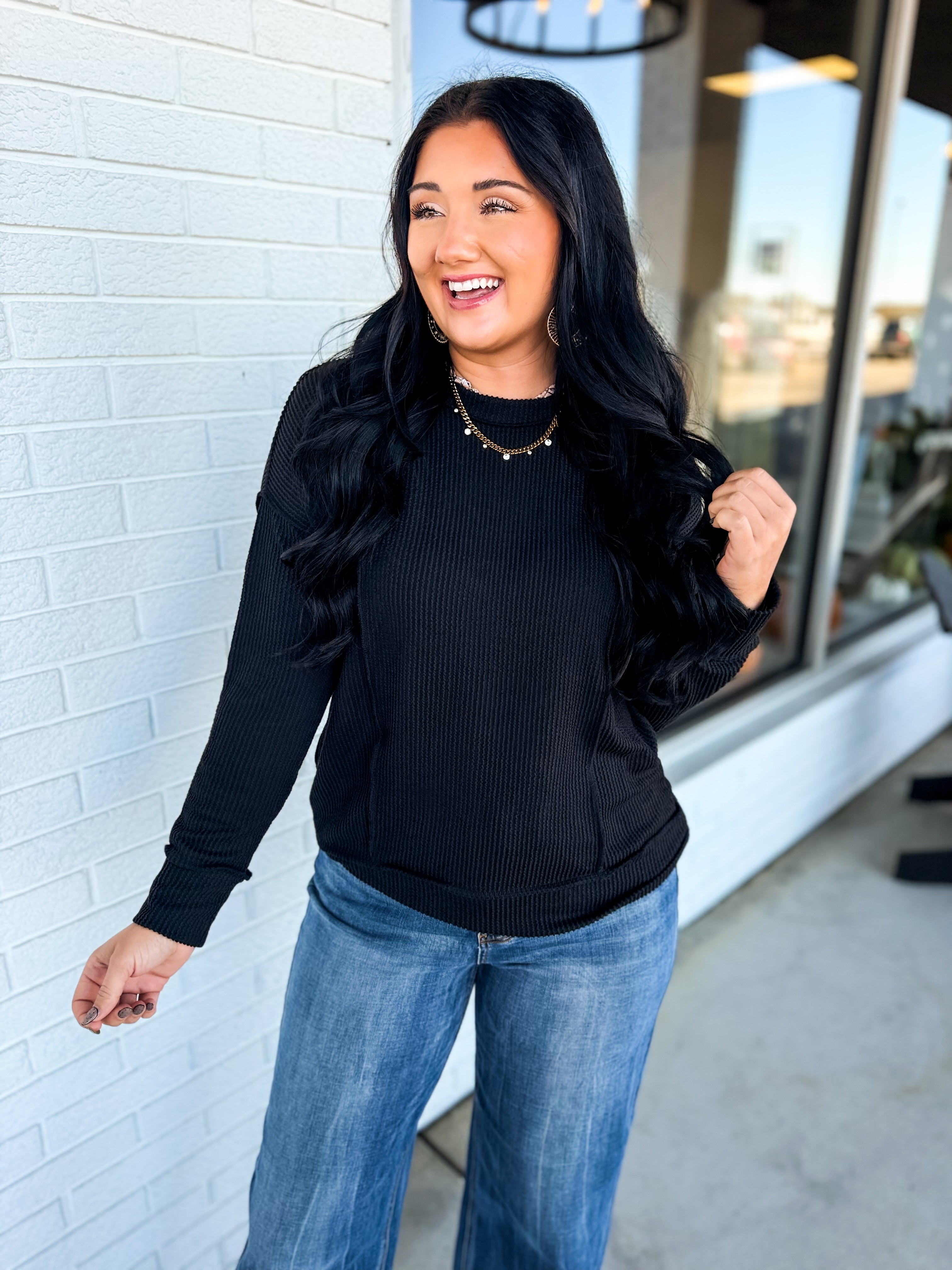 Corded Rib Exposed Seam Pullover Top - Black - Lace and Grace Boutique