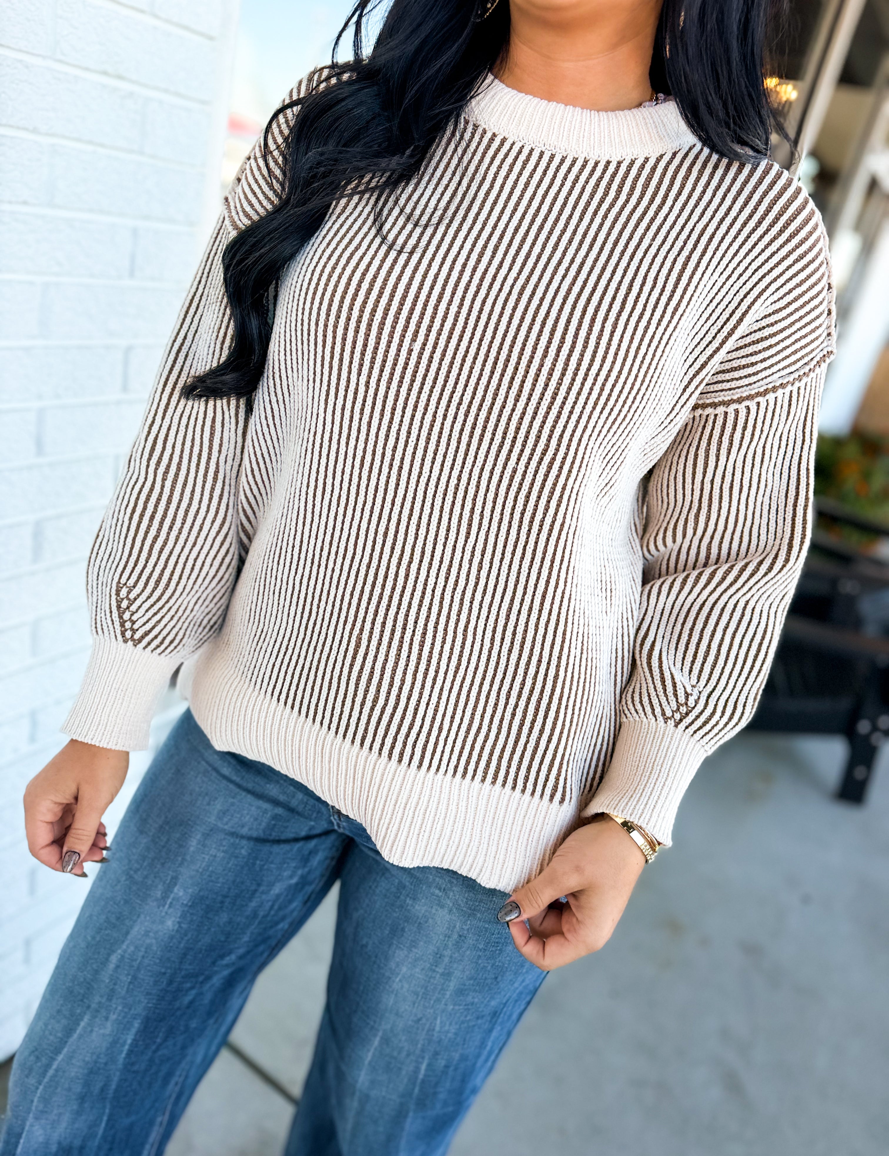 Ribbed Two-Tone Crewneck Sweater - Mocha - Lace and Grace Boutique