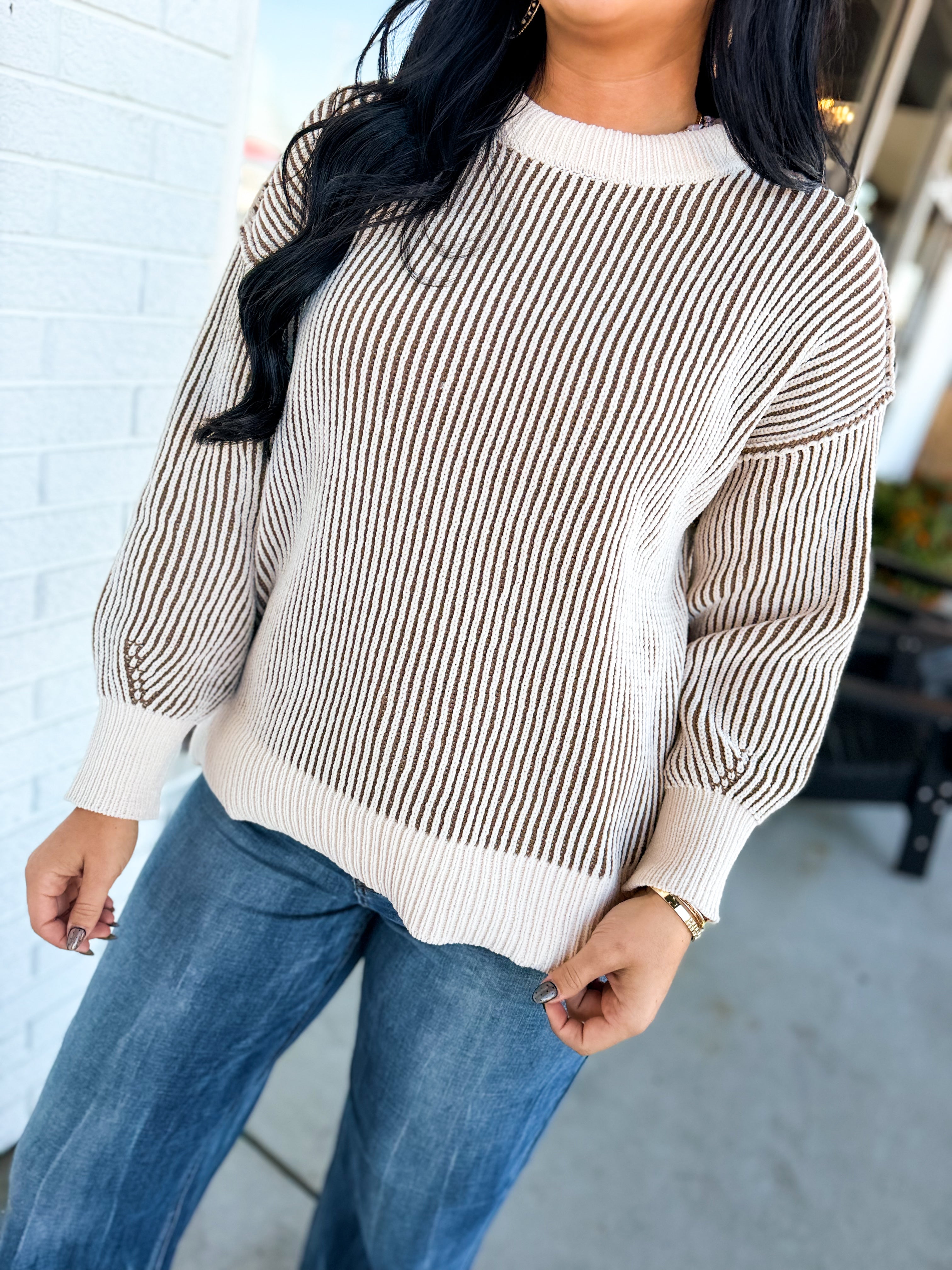 Ribbed Two-Tone Crewneck Sweater - Mocha - Lace and Grace Boutique