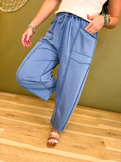 Mineral Wash Barrel Fit Utility Knit Pants - Midnight - Lace and Grace Boutique