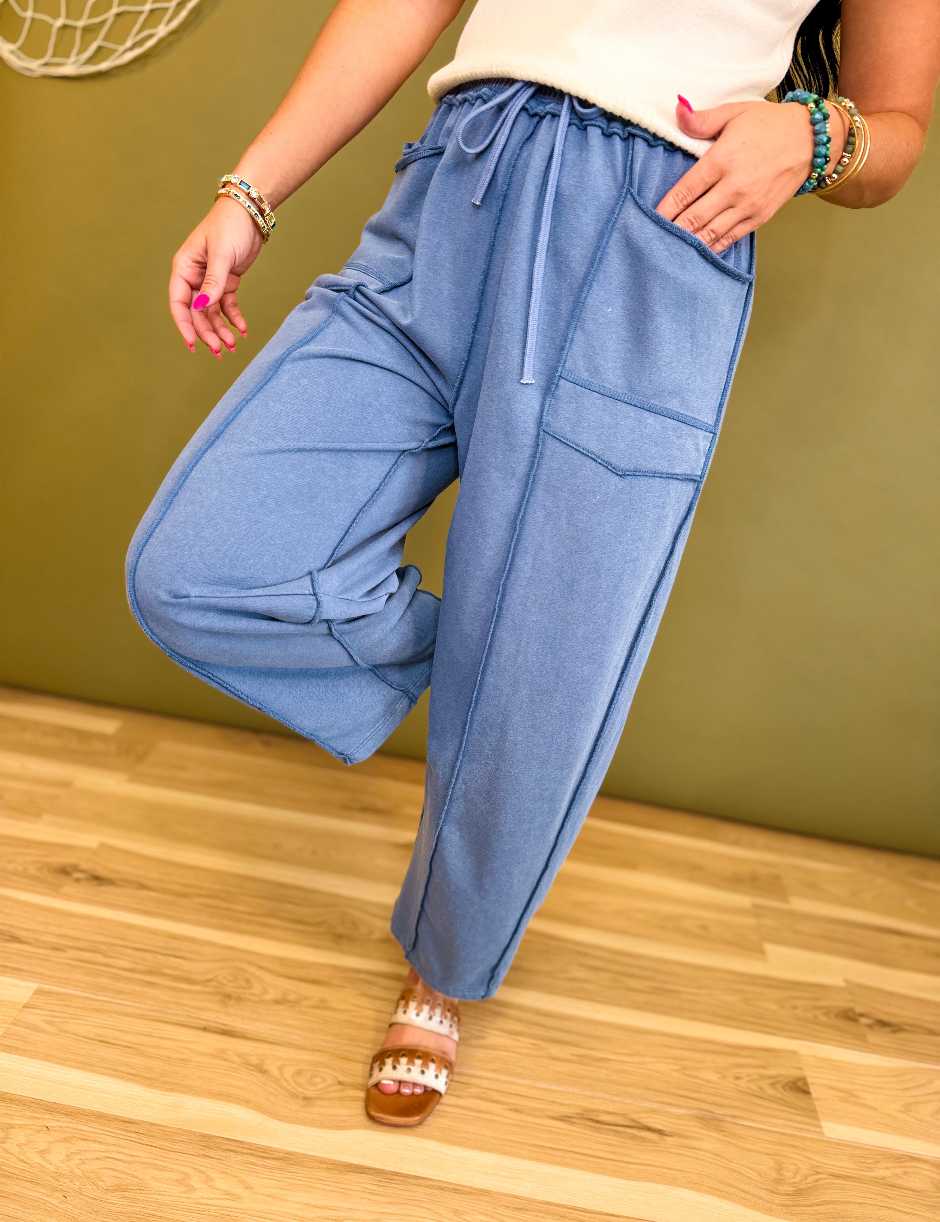 Mineral Wash Barrel Fit Utility Knit Pants - Midnight - Lace and Grace Boutique