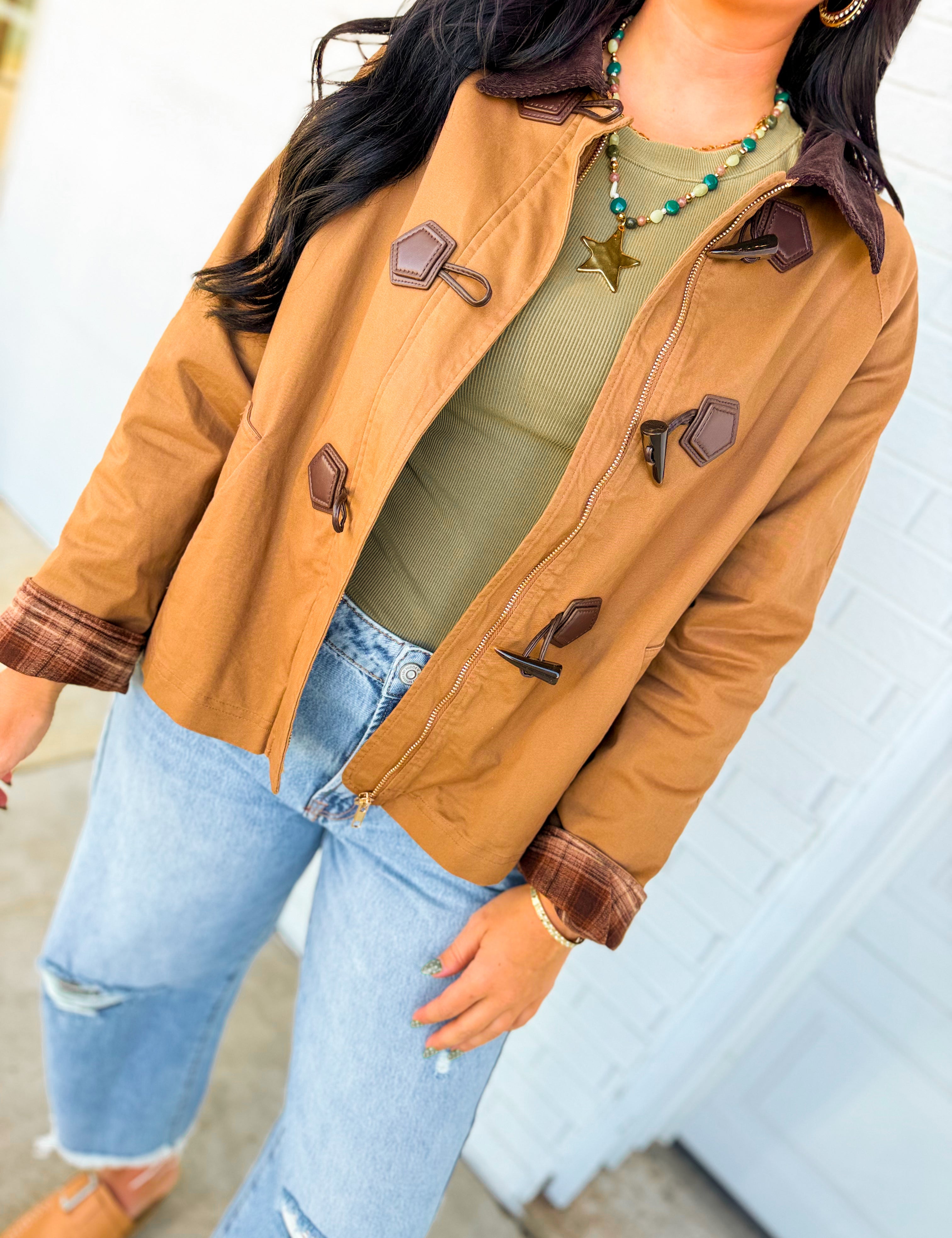 Toggle Zip Up Barn Jacket - Earthy Bark - Lace and Grace Boutique