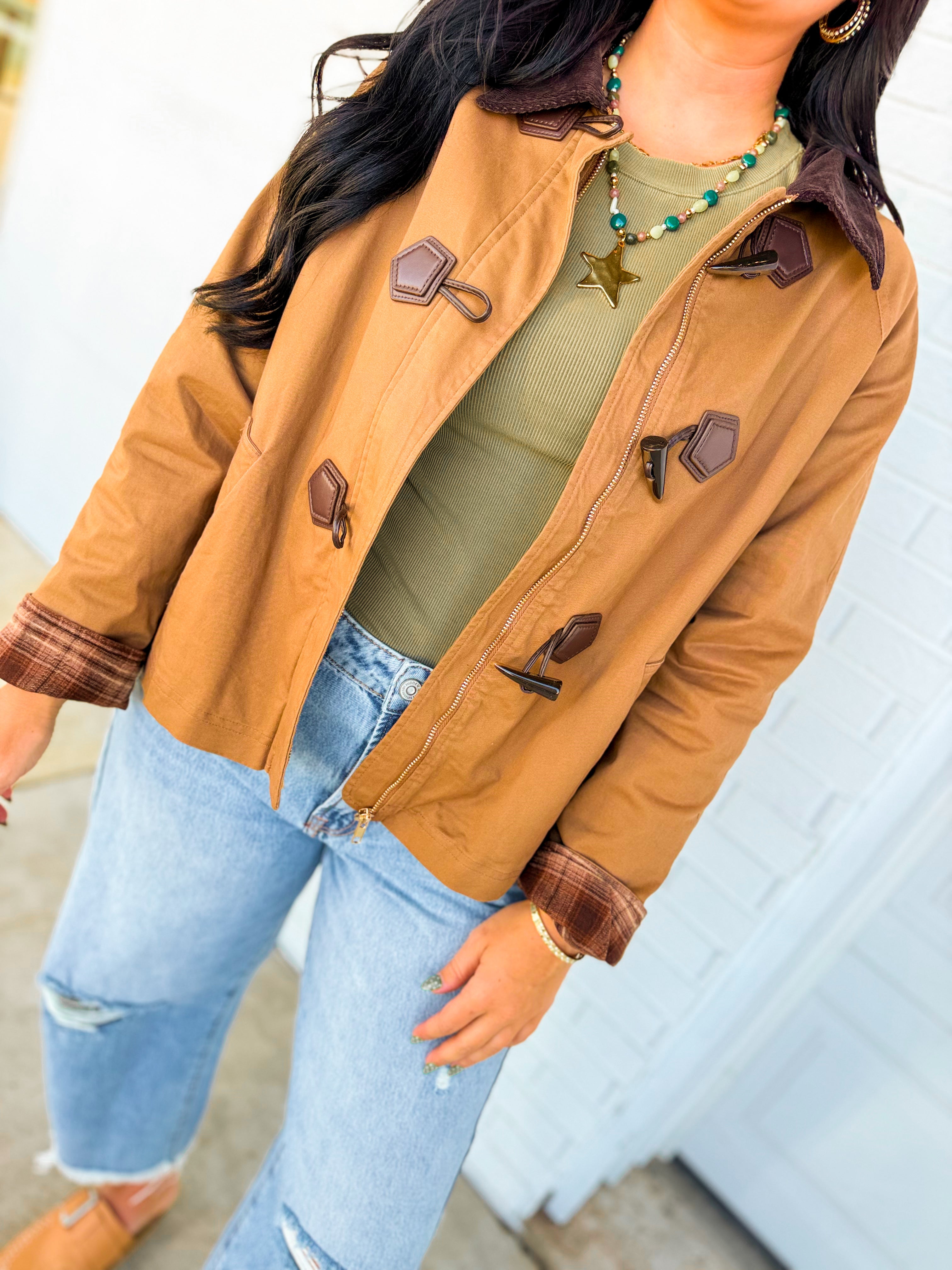 Toggle Zip Up Barn Jacket - Earthy Bark - Lace and Grace Boutique