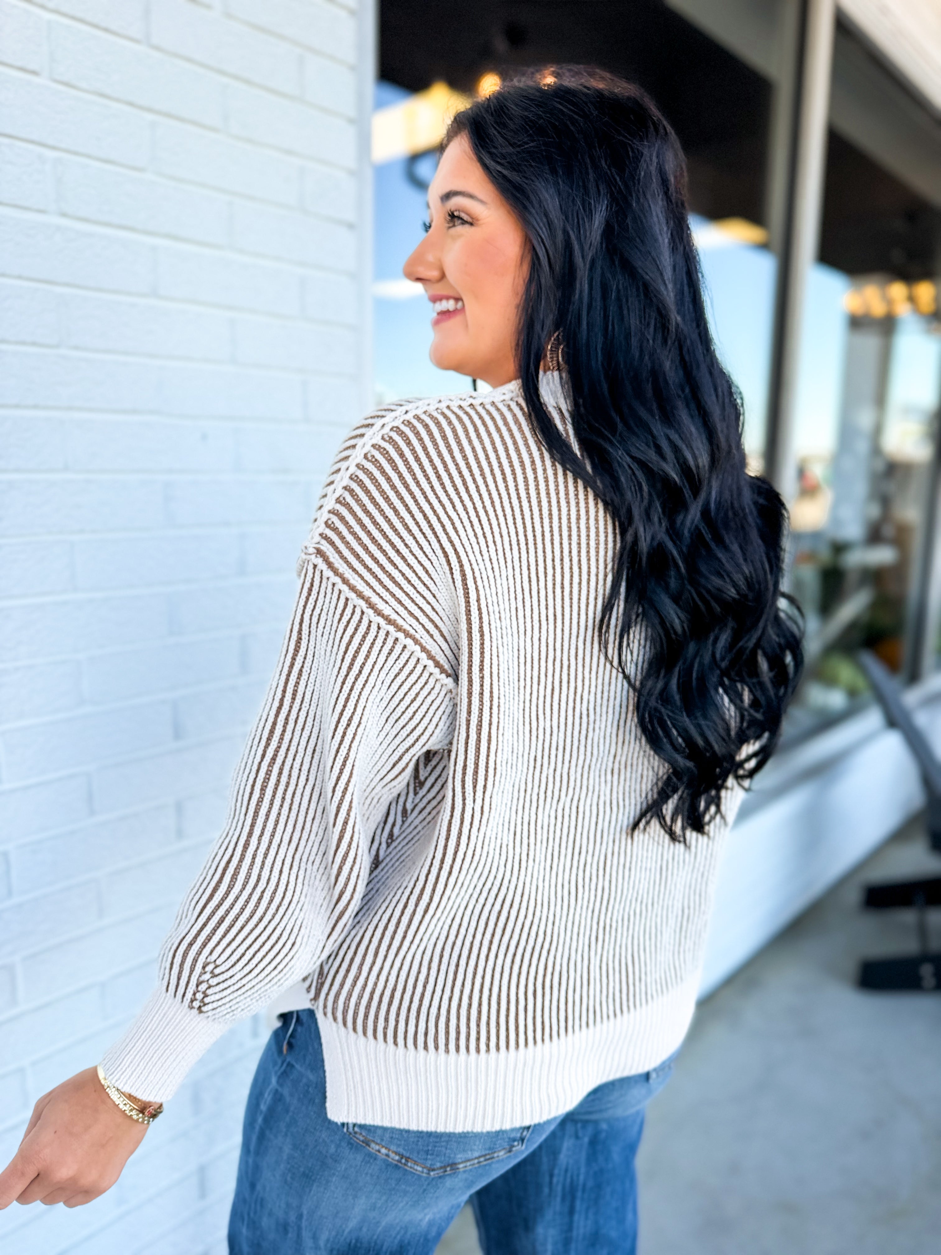 Ribbed Two-Tone Crewneck Sweater - Mocha - Lace and Grace Boutique