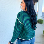 Striped Contrast Trim Knit Sweater - Navy/Green - Lace and Grace Boutique