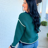Striped Contrast Trim Knit Sweater - Navy/Green - Lace and Grace Boutique