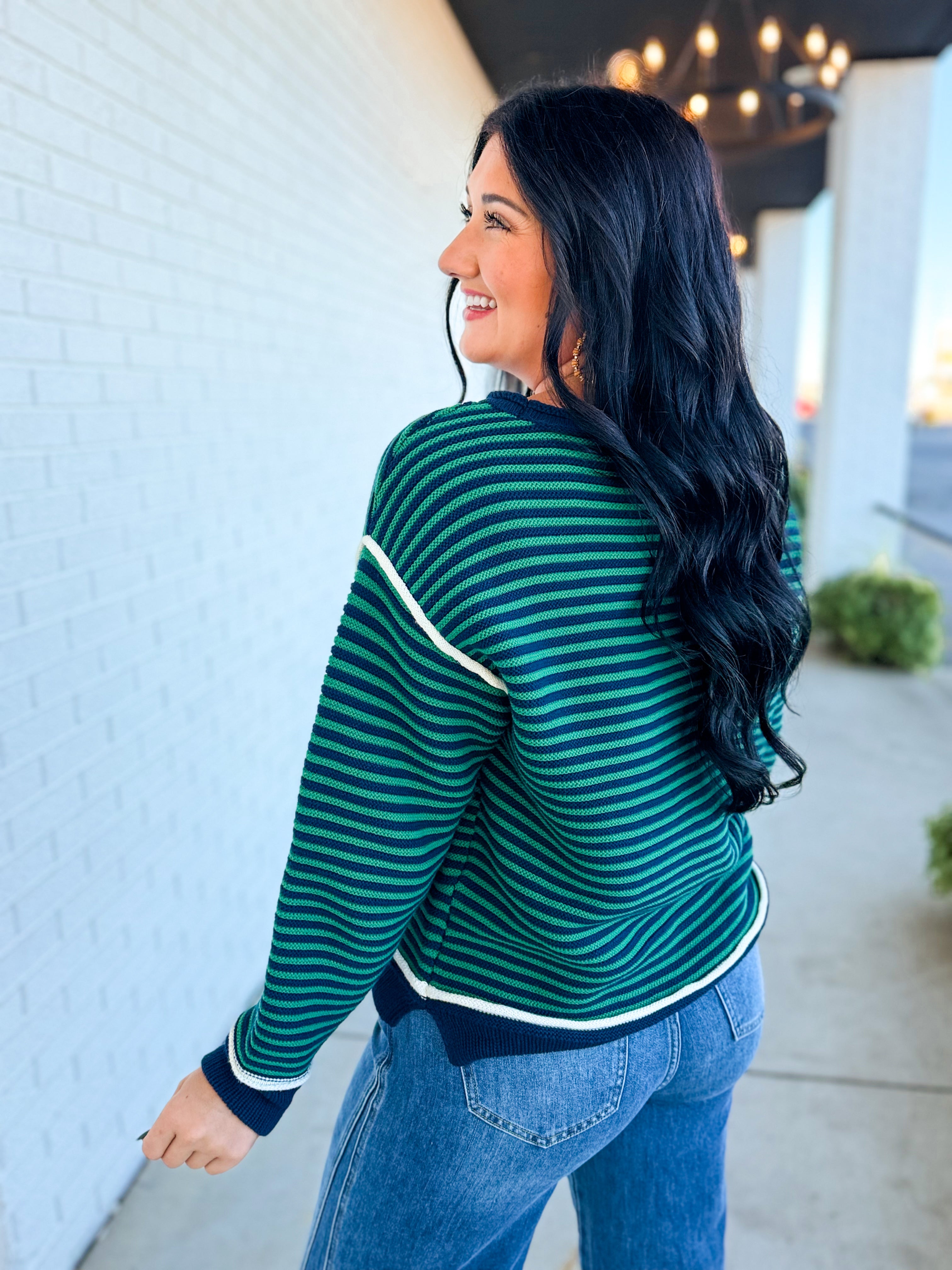 Striped Contrast Trim Knit Sweater - Navy/Green - Lace and Grace Boutique