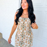 Vintage Floral Tapestry Printed Mini Dress - Cream