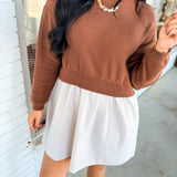 Sweater Back Tie Striped Twofer Mini Dress - Brown
