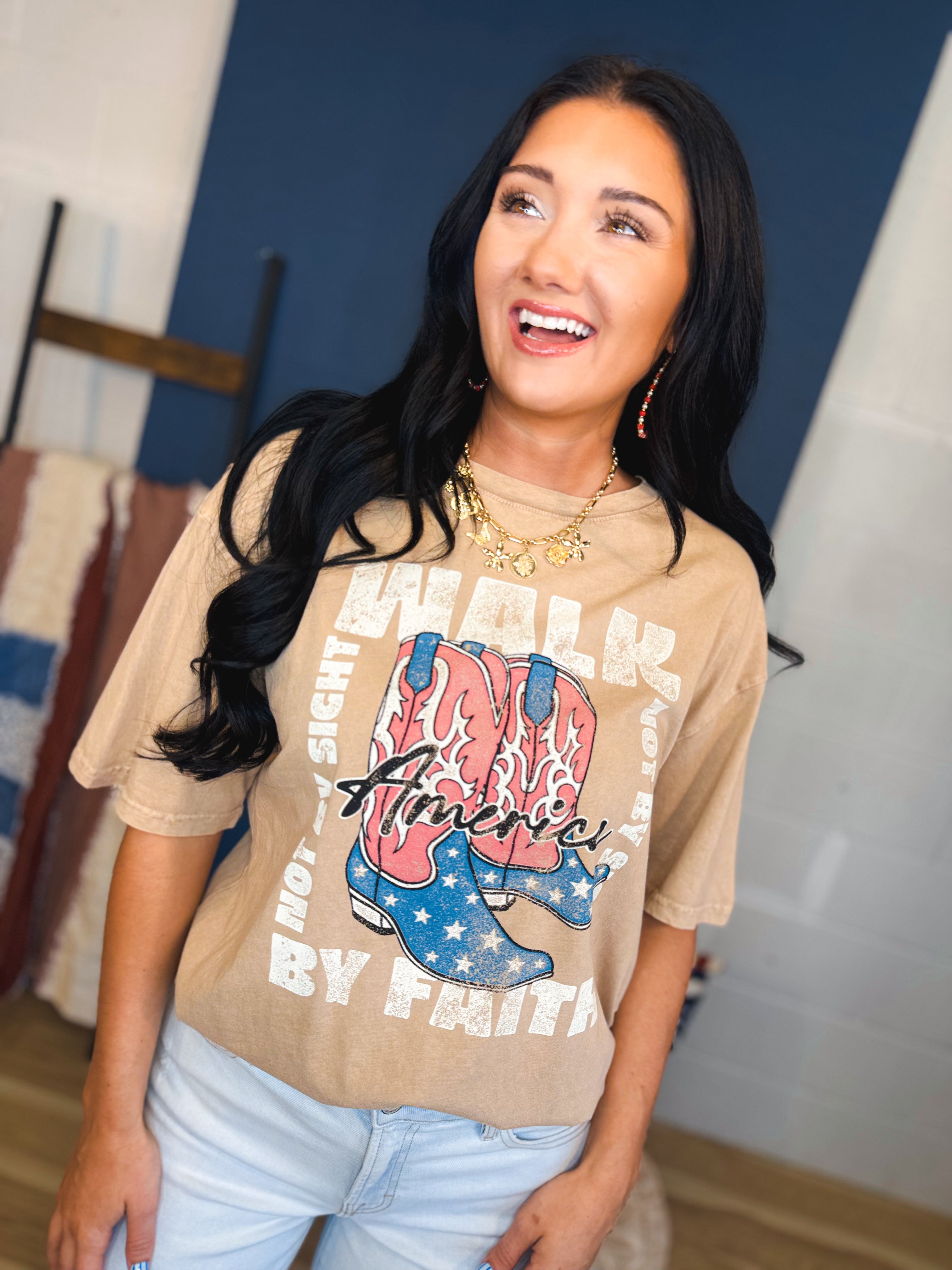 Walk By Faith Mineral Washed Graphic Tee - Taupe - Lace and Grace Boutique