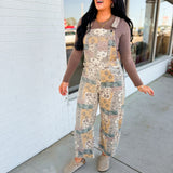 Washed Vintage Floral Boho Print Denim Overalls - Taupe Multi