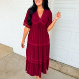 Lace Trim Front Tie Tiered Maxi Dress - Bordeaux