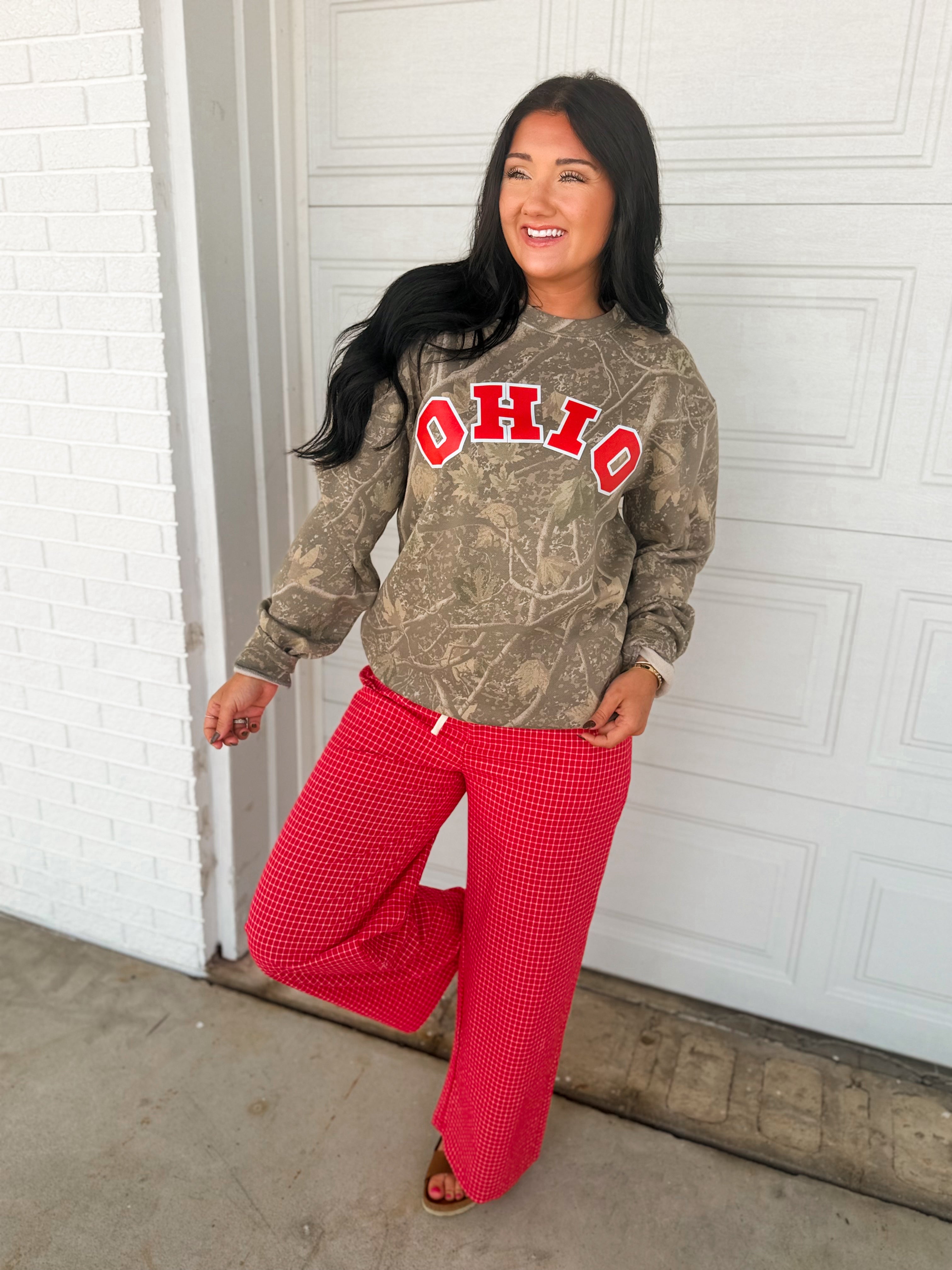 Check Print High Rise Drawstring Pants - Red Multi - Lace and Grace Boutique
