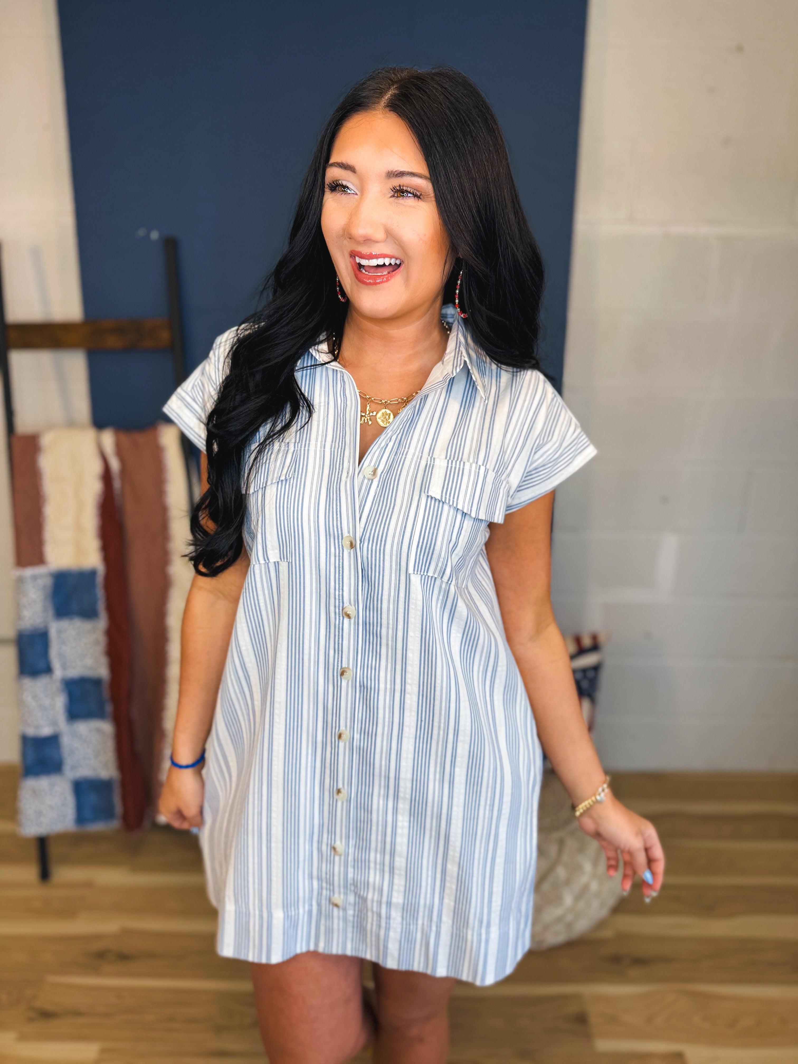 Striped Button Up Shirt Mini Dress - Denim Blue/White - Lace and Grace Boutique