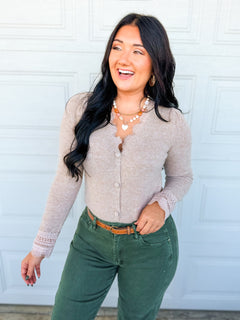 Delicate Lace Trim Button Up Sweater Cardigan - Latte - Lace and Grace Boutique
